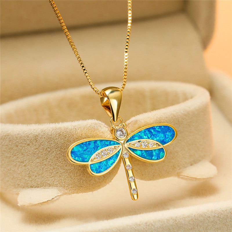 Gold Dragonfly Necklace with Opal Accent