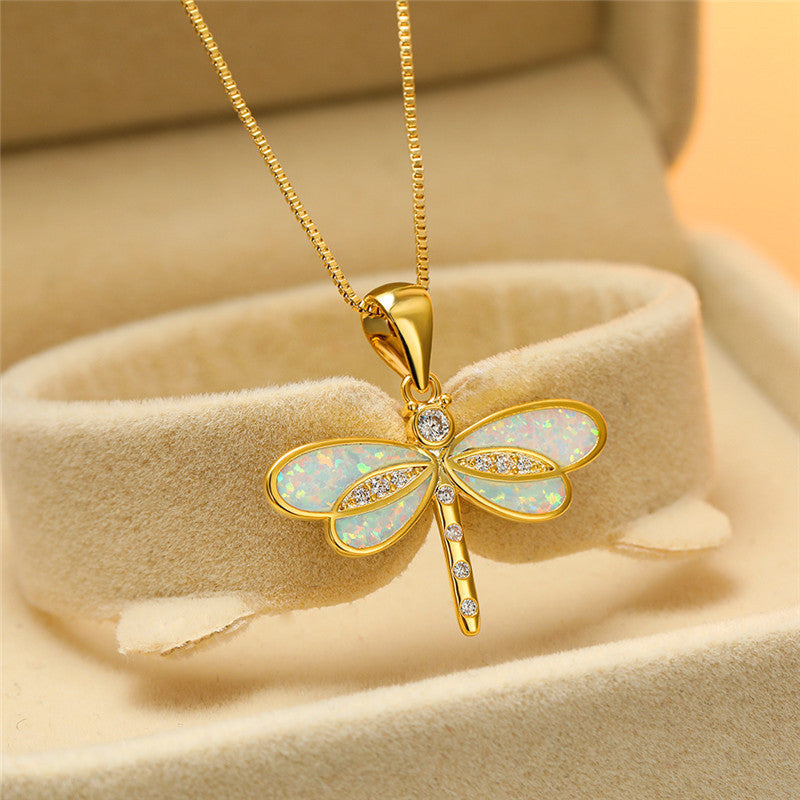 Gold Dragonfly Necklace with Opal Accent