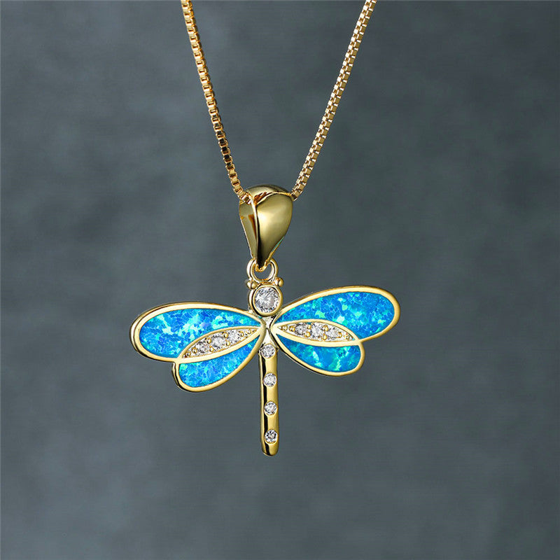Gold Dragonfly Necklace with Opal Accent