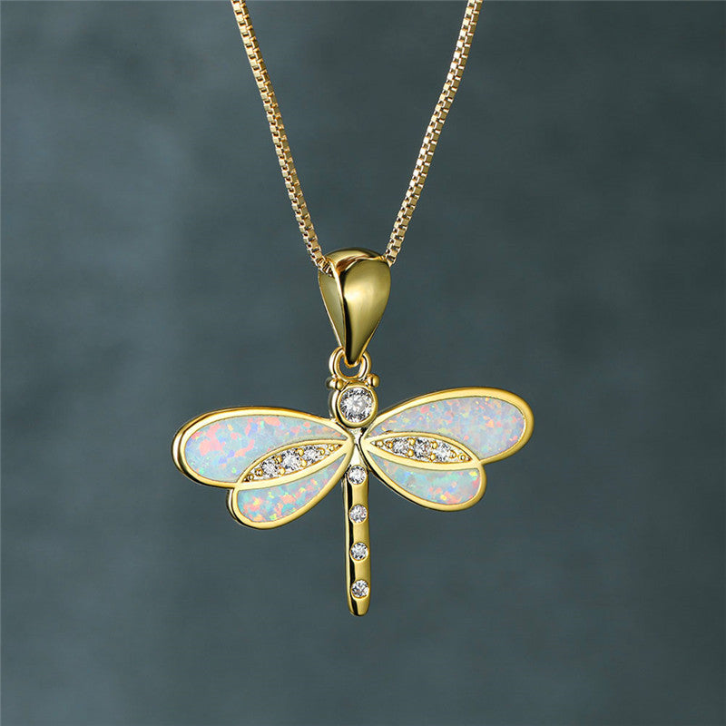 Gold Dragonfly Necklace with Opal Accent