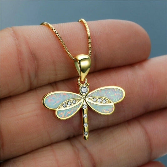 Gold Dragonfly Necklace with Opal Accent